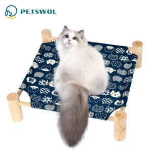 PETSWOL Elevated Cat Hammock Bed - Breathable Linen Fabric, Natural Wooden Frame_0