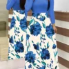 European and American style floral print color matching long sleeved dress, long women's large swing skirt
