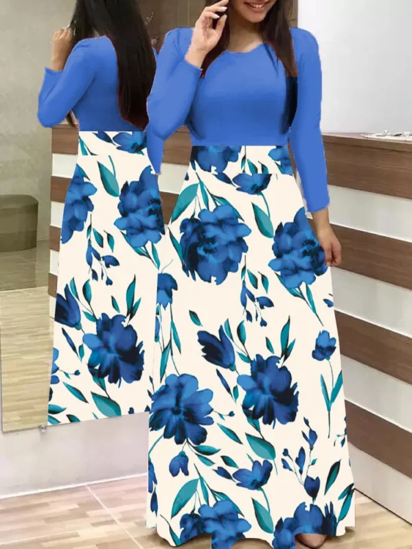 European and American style floral print color matching long sleeved dress, long women's large swing skirt