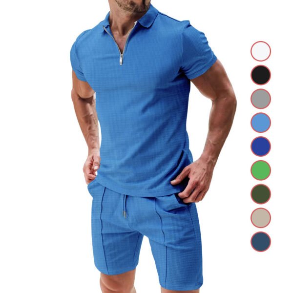 2Pcs Casual Waffle Suit Summer Zipper Lapel  Men's Clothing Top And Drawstring Pockets Shorts Versatile Solid Color T-shirt Set For Mens Clothing