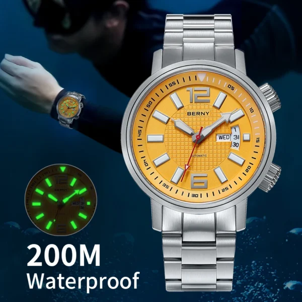 BERNY 20ATM Men Diving Automatic Watch Super Waterproof Luminous Sapphire Self Winding Mechanical Wristwatch for Sport Watches