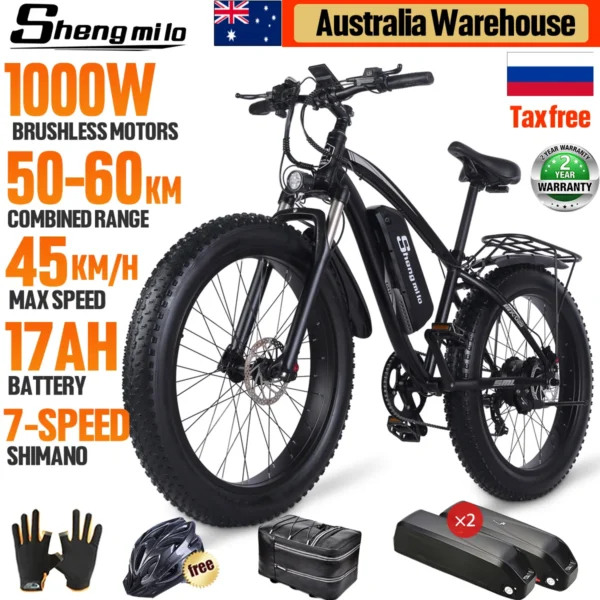 Shengmilo 26inch Fat Tire Electric Mountain Bike for adults ebike 1000W brushless Motor 48V17AH lithium battery electric bicycle